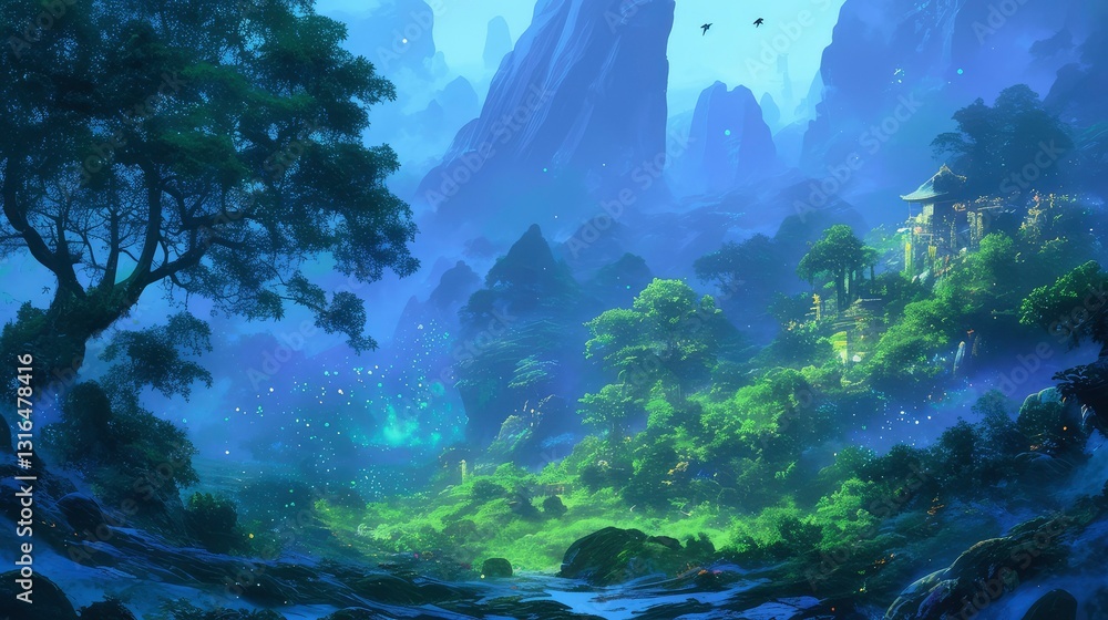 Obraz premium Enchanting Mystical Valley Landscape with Ancient Temple and Firefly Lights
