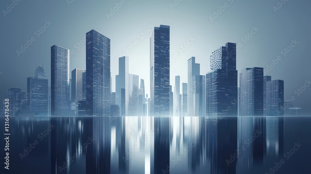 Futuristic Cityscape with Tall Skyscrapers and Reflective Water Surface at Dawn Futuristic Cityscape with Tall Skyscrapers and Reflective Water Surface at Dawn