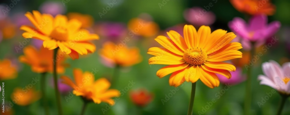 Orange gerbera daisies in a garden with other flowers, colorful,, nature Orange gerbera daisies in a garden with other flowers, colorful,, nature