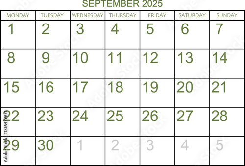 Calendar grid for the month of September 2025