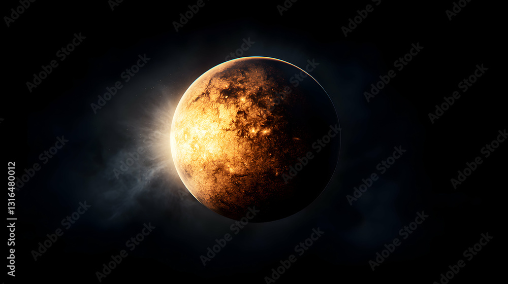 A glowing planet positioned in dark nebulous cosmic background A glowing planet positioned in dark nebulous cosmic background