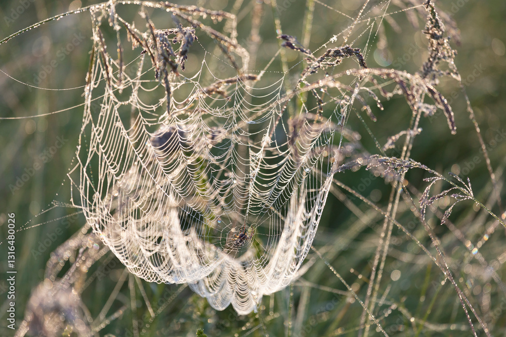 Large web with a spider on a blade of grass in the morning in the fog close up