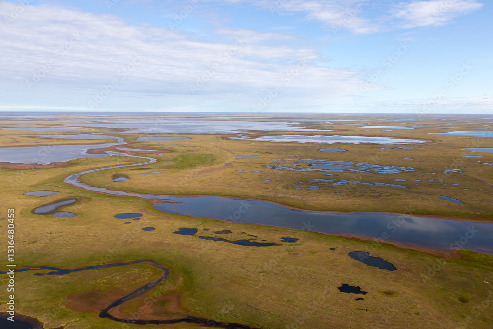 Aerial view of the tundra in the Lena River delta, Yakutia, Russia