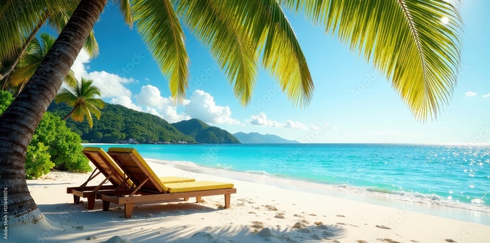 Fototapeta premium Sun-drenched deck chairs, palm trees sway gently on pristine island sand , idyllic, peaceful, getaway