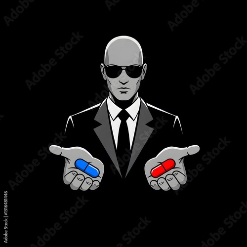 A suited figure with sunglasses holds a blue pill in one hand and a red pill in the other, set against a black background, evoking a Matrix-style choice.