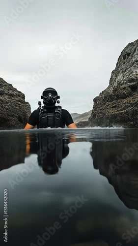 Diver explores unique rock formations in a coastal inlet during a cloudy day