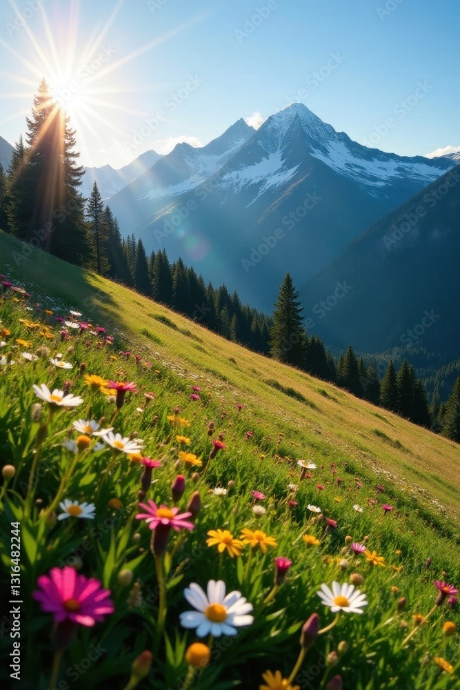 Fototapeta premium Sun-drenched slopes carpeted with wildflowers, Washington state , Washington state, flower, sunshine
