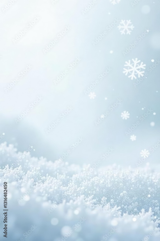 Naklejka premium Snowflakes gently falling on a white background, delicate flakes, frozen water