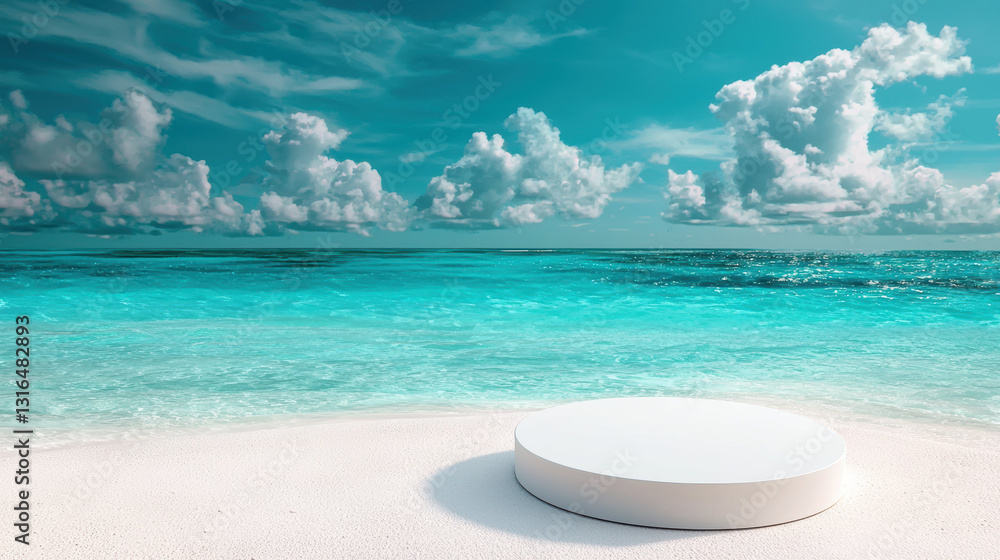 minimalist white podium on tropical beach with turquoise water and clouds minimalist white podium on tropical beach with turquoise water and clouds