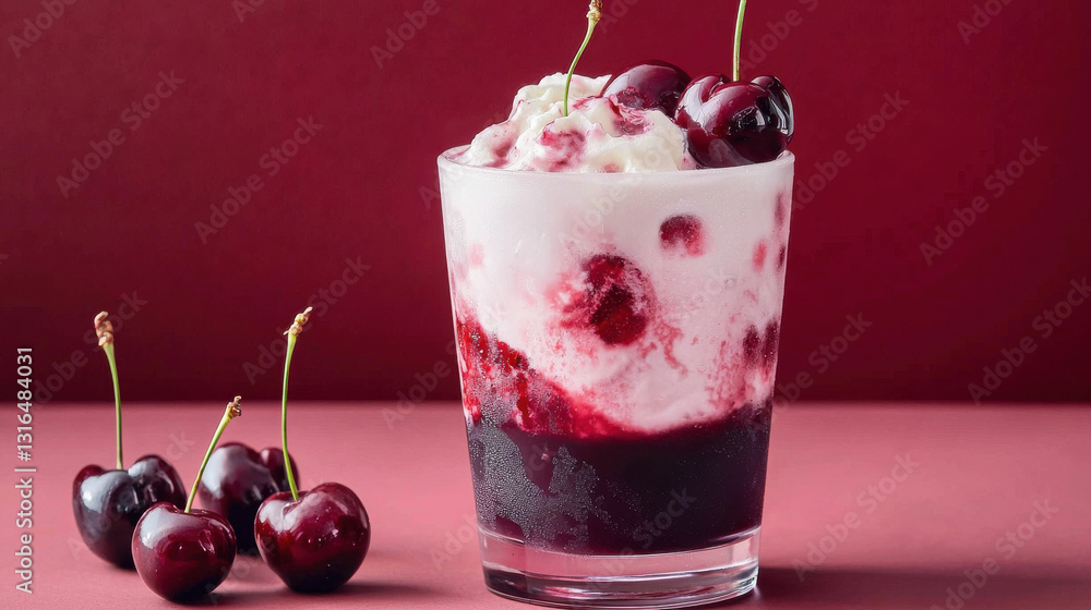 custom made wallpaper toronto digitalA refreshing cherry dessert in a clear glass, showcasing a vibrant blend of red hues and creamy textures against a deep red backdrop.