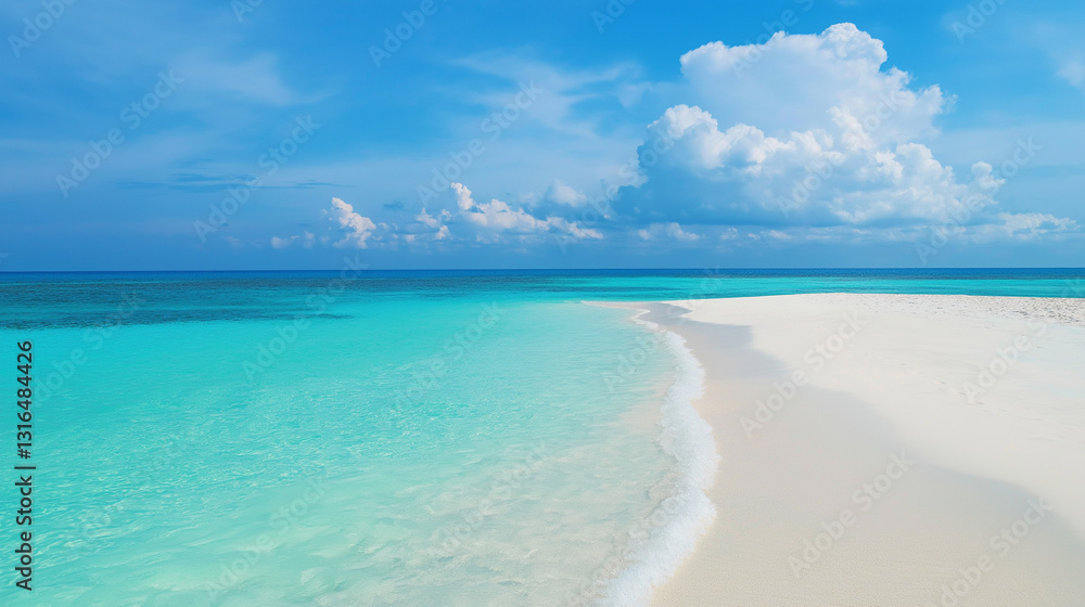 Traumhafter tropischer Strand mit türkisblauem Meer, weißem Sand und dramatischem Wolkenhimmel. Paradiesische Küstenlandschaft in unberührter Natur ohne Menschenspuren Traumhafter tropischer Strand mit türkisblauem Meer, weißem Sand und dramatischem Wolkenhimmel. Paradiesische Küstenlandschaft in unberührter Natur ohne Menschenspuren