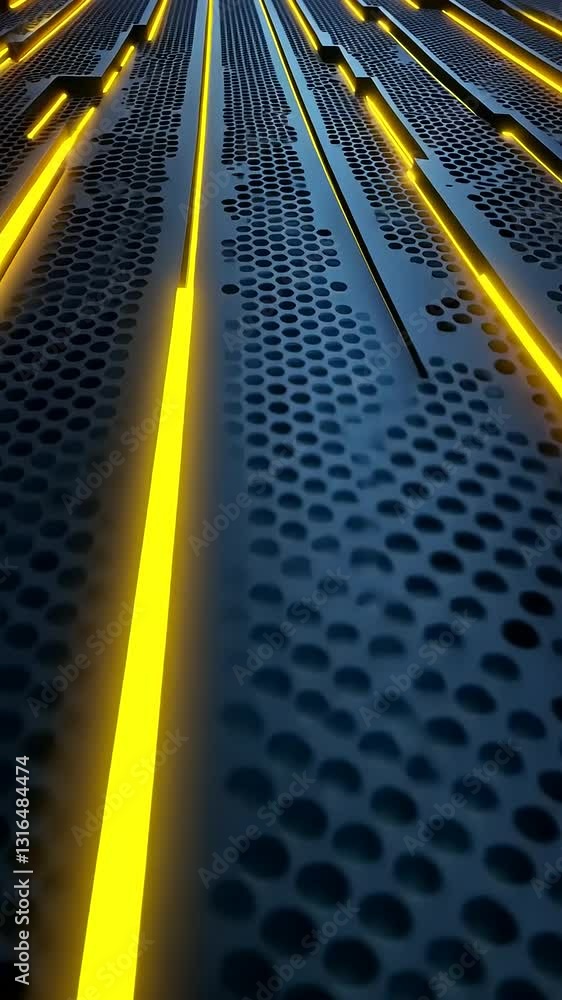 Futuristic Light Patterns on a Metallic Surface with Circular Cutouts and Bold Yellow Highlights Futuristic Light Patterns on a Metallic Surface with Circular Cutouts and Bold Yellow Highlights