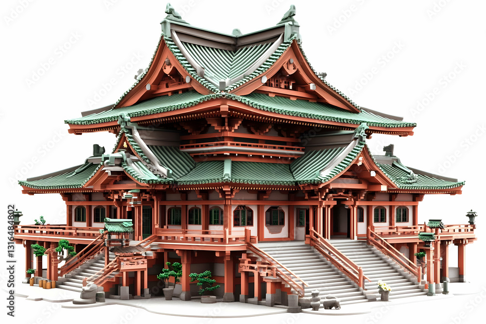3D Render of a Traditional East Asian Temple with Green Roof, Detailed Wooden Architecture and Grand Staircase, Isolated on White Background. 3D Render of a Traditional East Asian Temple with Green Roof, Detailed Wooden Architecture and Grand Staircase, Isolated on White Background.