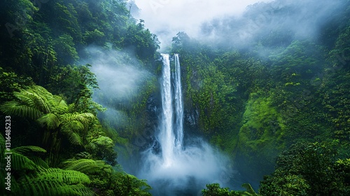 The Tall Waterfall Cascades Through Lush Green Jungle Vegetation