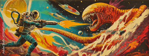 Retro sci-fi spaceman battling monstrous space creature with spaceships