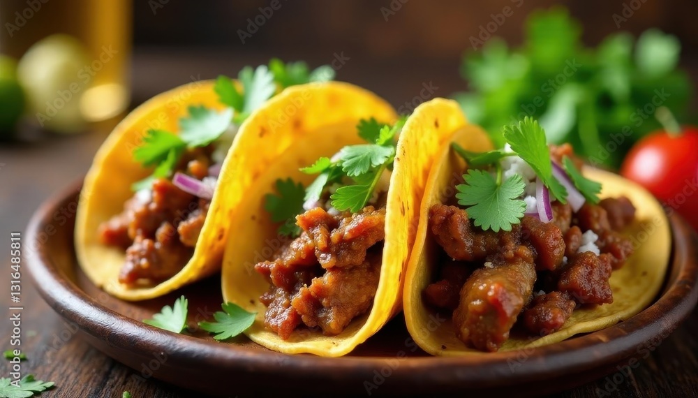 Three delicious carnitas tacos, cilantro, onions, lime wedges , crispy, onion, juicy Three delicious carnitas tacos, cilantro, onions, lime wedges , crispy, onion, juicy