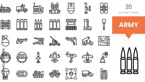 A collection of army-themed outline icons showcasing military equipment and weapons.