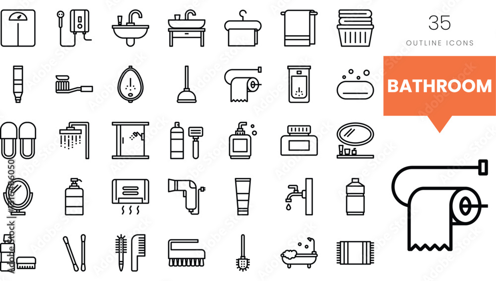 A collection of outline icons representing various bathroom essentials. A collection of outline icons representing various bathroom essentials.