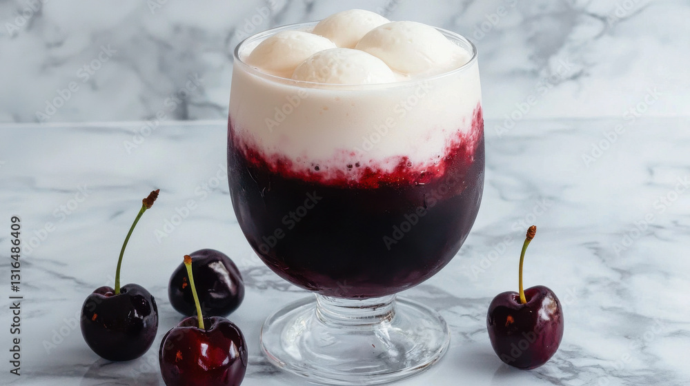 A refreshing dessert featuring layers of cherry syrup, cream, and ice cream, elegantly styled against a marble backdrop. A refreshing dessert featuring layers of cherry syrup, cream, and ice cream, elegantly styled against a marble backdrop.