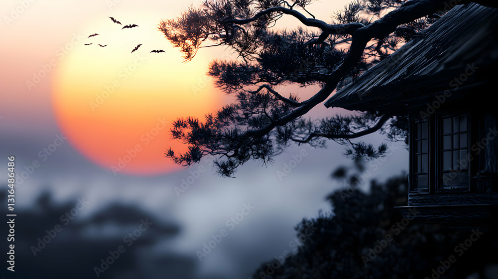 A silhouetted cabin overlooks a large setting sun with bats flying A silhouetted cabin overlooks a large setting sun with bats flying
