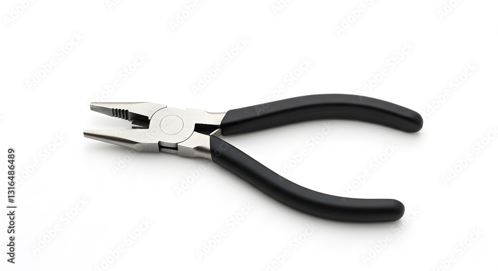 Precision Needle-Nose Pliers with Black Ergonomic Grips, Isolated on White Precision Needle-Nose Pliers with Black Ergonomic Grips, Isolated on White
