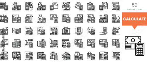 Collection of line icons representing finance, technology, and calculation concepts.