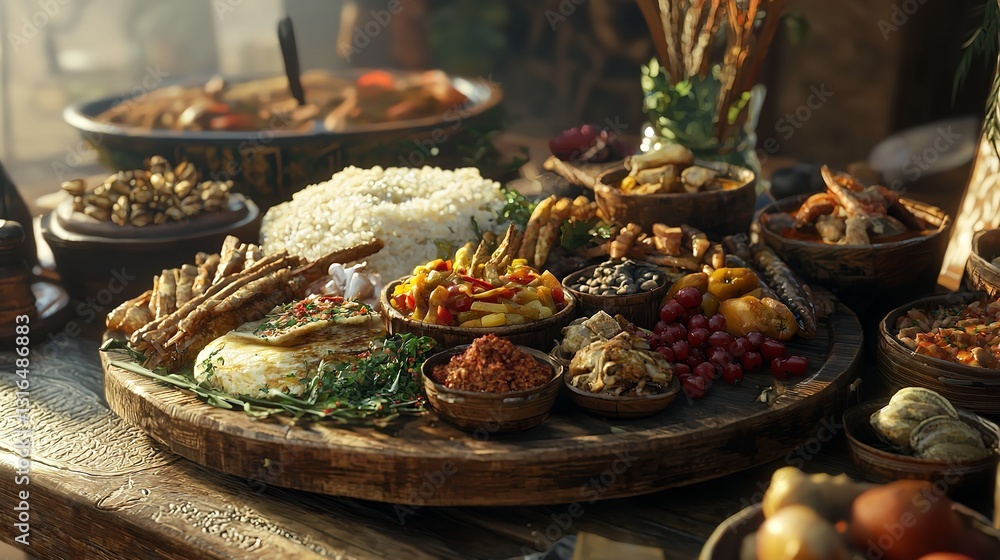 Fototapeta premium A Rustic Wooden Platter Filled with a Variety of Traditional Dishes.