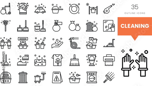 Set of cleaning icons featuring various household tools and tasks in a minimalist style.