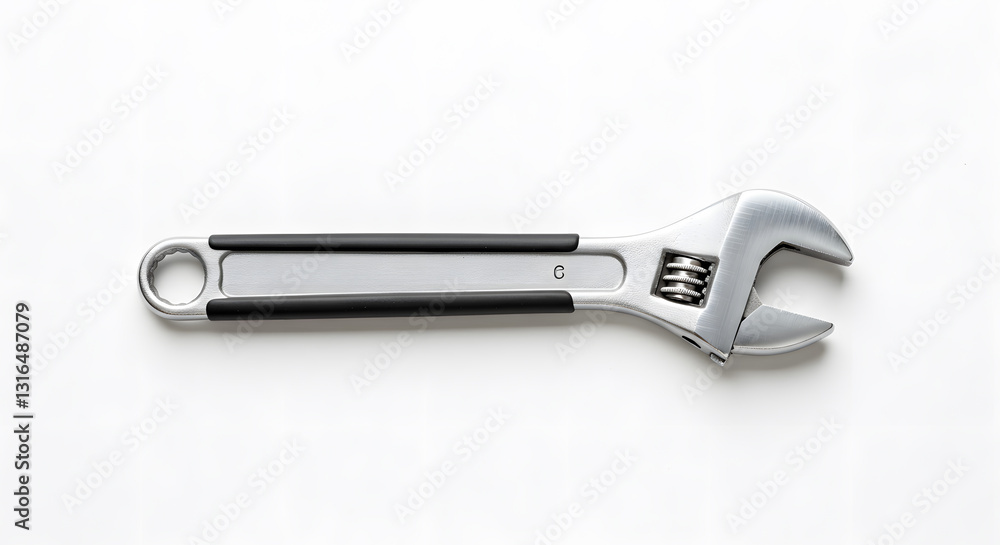 Close-up of Chrome-Plated Adjustable Wrench with Black Grip on White Background Close-up of Chrome-Plated Adjustable Wrench with Black Grip on White Background
