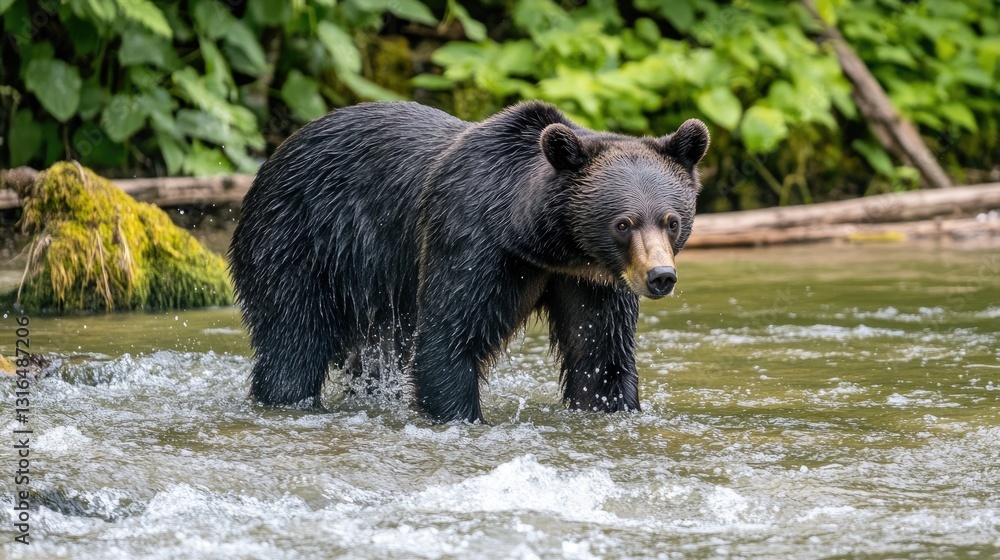 Majestic black bear wades through the brisk currents of river habitat Majestic black bear wades through the brisk currents of river habitat