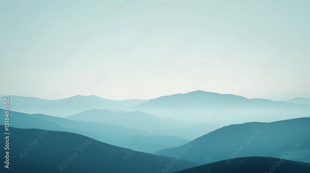 Fototapeta premium Serene blue mountain range landscape peaceful misty view sky art calm haze hills image color nature