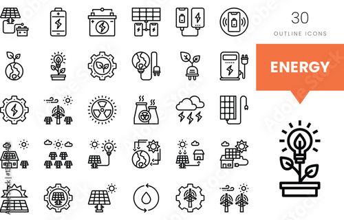Collection of energy icons including solar panels and renewable resources.
