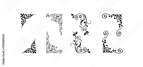 set of black geometric corners frames doodle Vintage decorative angle border, Wedding design elements, decoration. Hand drawn vector illustration isolated on black background