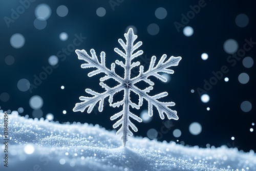 A single frost-covered snowflake standing on a bed of fresh snow, illuminated by soft light and surrounded by a cold winter atmosphere. Macro shot capturing the intricate details of its ice structure.