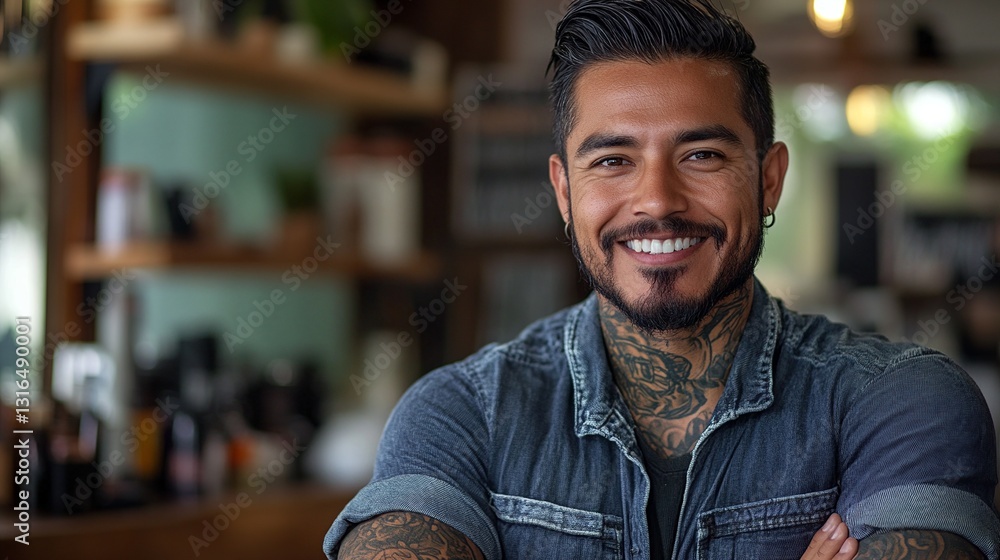 Fototapeta premium Smiling confident man with tattoos. Sharp facial features, ear ring, and arms crossed. Confident, friendly, successful. Indoors, professional.
