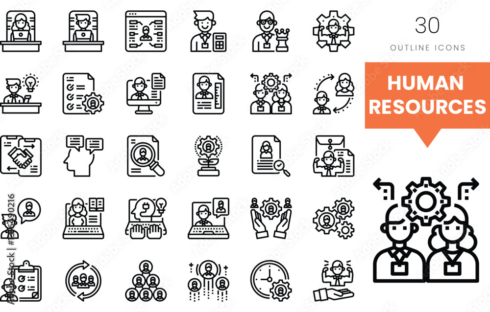A collection of outlined icons representing human resources management concepts. A collection of outlined icons representing human resources management concepts.