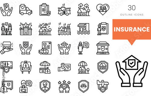 A collection of outline icons representing various aspects of insurance.