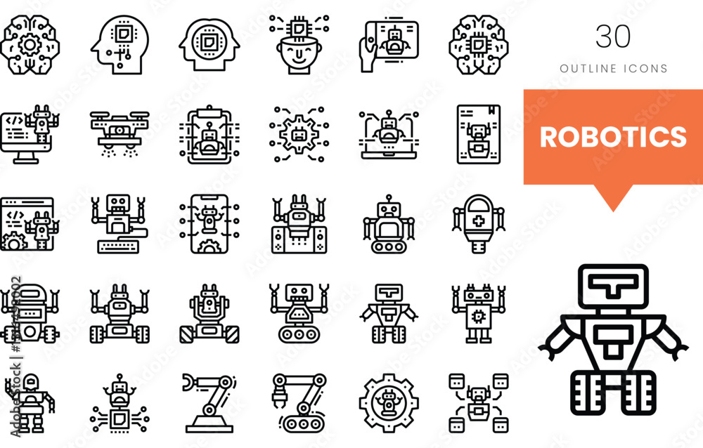Set of robotic outline icons showcasing technology and innovation.