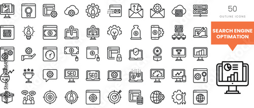 Collection of line icons representing search engine optimization concepts.