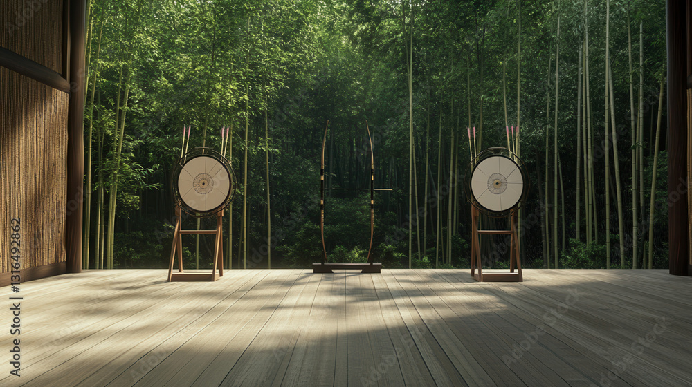 Archery practice session in bamboo forest outdoor arena natural environment serene viewpoint Archery practice session in bamboo forest outdoor arena natural environment serene viewpoint