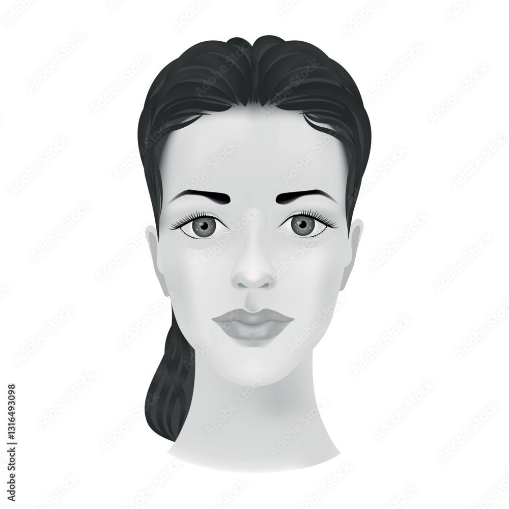 Black and white girl head with face. Realistic chart. Vector illustration