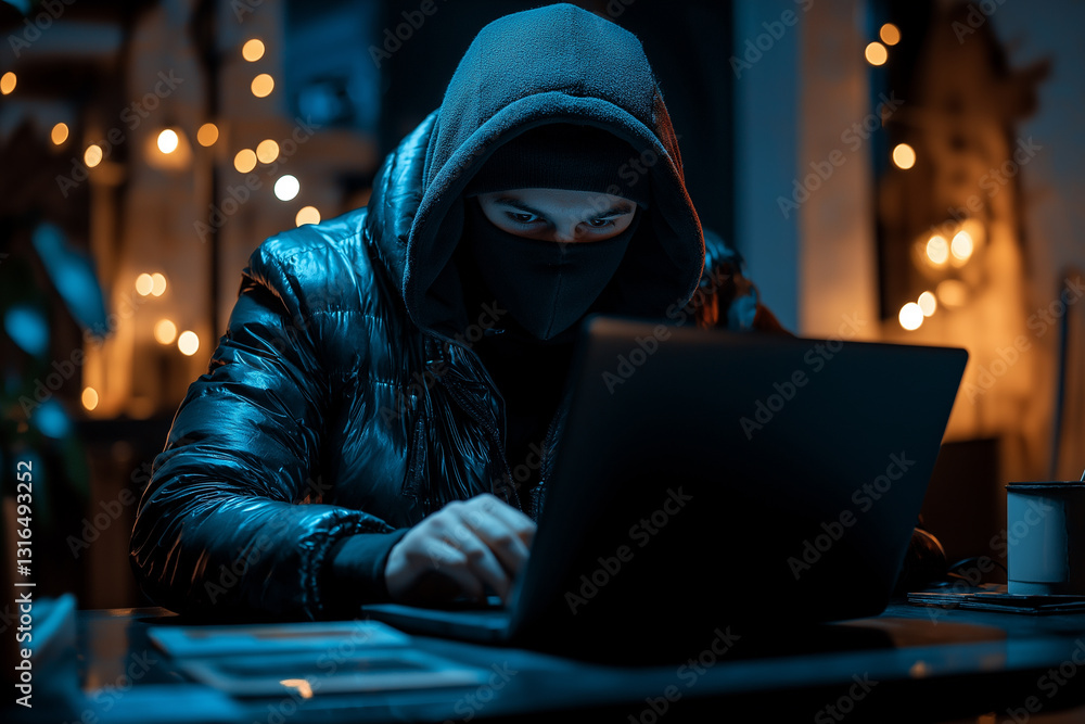 A hacker or scammer in black balaclava sits in front of a laptop. A hacker or scammer in black balaclava sits in front of a laptop.