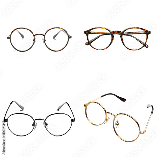 collection of four stylish eyeglasses featuring round and oval frames in various colors and materials, including tortoiseshell and metal, displayed on transparency background