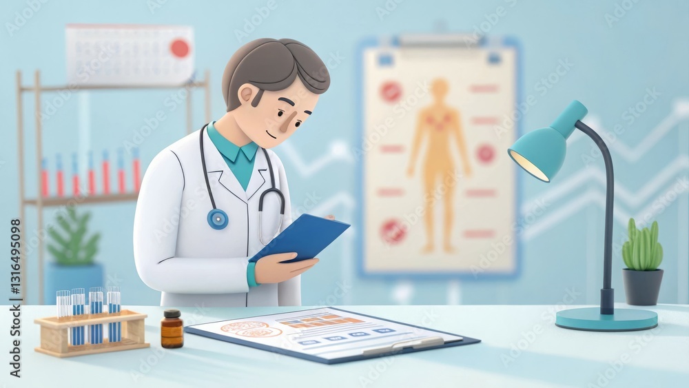 A doctor reviewing medical charts and test tubes in a clinical setting. A doctor reviewing medical charts and test tubes in a clinical setting.