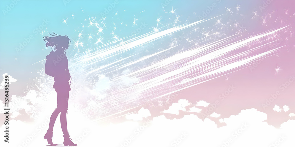 Silhouette of a girl with backpack stands amidst pastel sky, bright streaks of light, and fluffy clouds; dreamy, abstract illustration. Silhouette of a girl with backpack stands amidst pastel sky, bright streaks of light, and fluffy clouds; dreamy, abstract illustration.