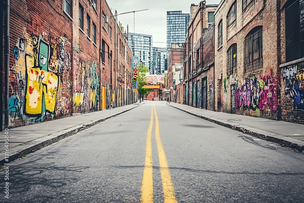 Naklejka premium Empty alleyway with vibrant graffiti art, leading to city skyline, urban scene, for backgrounds