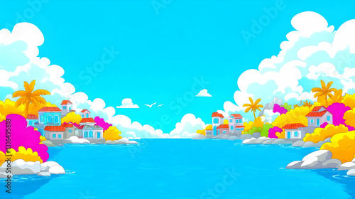 Cartoon Coastal Village Illustration: Houses nestled on rocky shores, vibrant tropical foliage, under a bright blue sky with fluffy clouds, depicting a serene seascape.