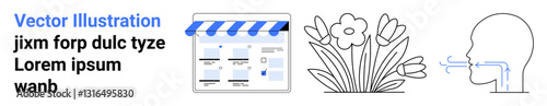 E-commerce storefront with blue awning, blooming flowers, and person inhalingexhaling. Ideal for online business, floral shops, breathing exercises, branding, health and wellness, environmental