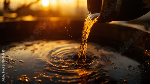Close-Up of Crude Oil Flowing from Pipe at Drilling Site