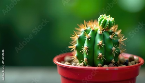 Prickly cactus with tiny striped succulent offshoot in red pot, greenery,